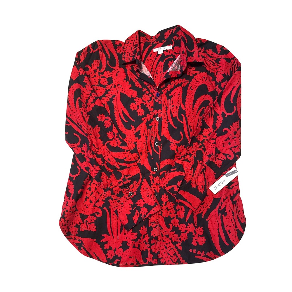 Chicos No Iron Button Down Shirt Red Black Paisley Scroll Linen Blend Size 0.5 6